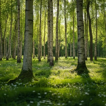 Sunlit Birch Forest with Lush Green Underbrush and Dappled Light During Early Morning