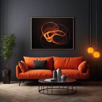 Modern Living Room With Orange Sofa And Abstract Art On Black Wall With Ambient Lighting