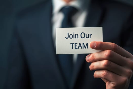 business man holding paper card with join our team text..