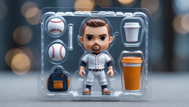 This retro-style baseball player figurine stands confidently, surrounded by a bat, balls, glove, and coffee cups, ideal for sports enthusiasts and hobby project lovers.