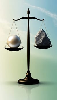 A large stone balances with a small pearl on a scale. The stone is on the left and the pearl on the right, with a flat surface and a gradient blue background, showcasing contrast.