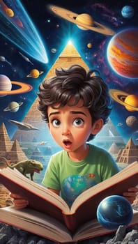 The child in a bright green shirt gazes up in wonder at the majestic floating golden pyramid, surrounded by vibrant planets, swirling galaxies, and sparkling stars, igniting imagination and curiosity.