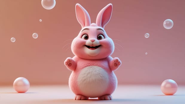 Adorable and cheerful pink cartoon rabbit character isolated on a vibrant pink background, smiling. Easter bunny