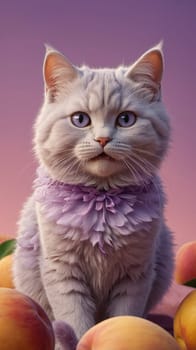 An adorable fluffy purple kitten sits on a seamless peach background, displaying its playful nature. This charming image is perfect for pet care promotions, animal shelters, and pet food brands.