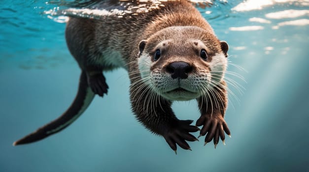 A cute otter bobs in the water, its face above the surface. With sleek brown fur glistening in sunlight, it shows a playful expression, enjoying a fun moment in its natural habitat.