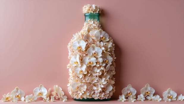 Artistic and creative concept of a bottle made entirely of delicate pink orchids. The bottle is beautifully decorated with fresh flowers and has a unique and eye-catching design.