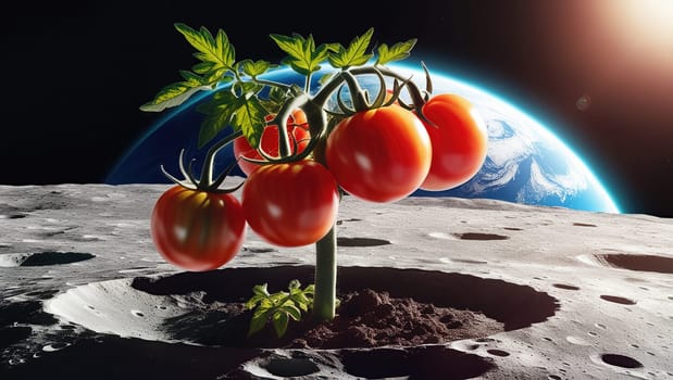 An illustration of ripe red tomatoes growing in a lunar crater, with Earth visible in the background. The tomatoes are surrounded by lunar soil, creating a unique extraterrestrial scene.