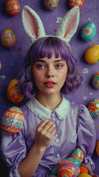 This image showcases a young woman with purple hair and bunny ears, set against a vibrant purple background adorned with colorful Easter eggs, capturing the playful spirit of the holiday.