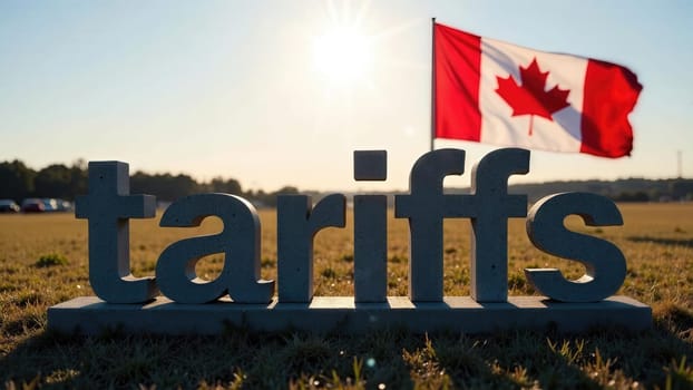White cement word Tariffs standing on the green grass with the Canadian flag waving in the background..
