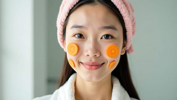 Close-up portrait of a young Asian woman with a facial mask made of carrot slices