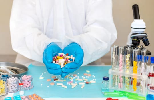 examine drugs in the laboratory. Selective focus. pills.