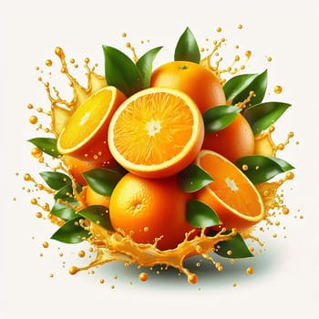 Juicy, halved oranges with refreshing drops of water and green leaves that perfectly reflect freshness and summer enjoyment. Ideal for advertising!