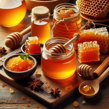 Various honey products, including jars of organic honey, honeycombs and honey spoons, arranged on a rustic wooden table. Perfect for promoting nature!
