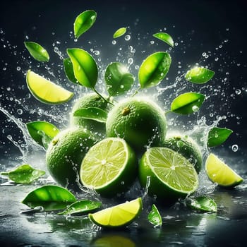 Tangy and fresh! Bright green limes, surrounded by dripping water, with vibrant leaves. Ideal for advertising all about freshness, enjoyment and exoticism.