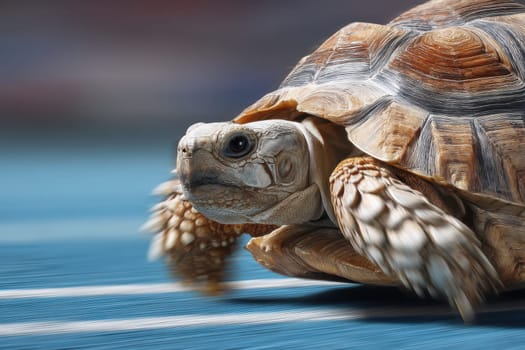 Fast turtle racing on track, illustration of determined tortoise in blurred motion showing speed..