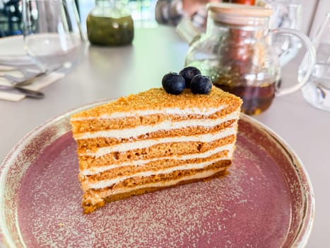 Honey cake with blueberries on plate in cafe. Dessert aesthetics, sweetness and cozy cafe indulgence.