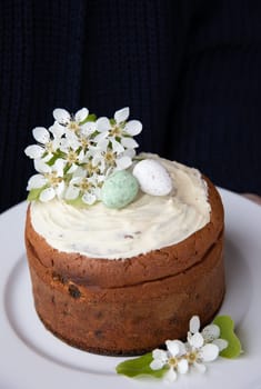 Enjoy a beautifully crafted homemade Easter cake topped with creamy frosting, colorful Easter eggs, and fresh spring blossoms that enhance the celebratory spirit of this delightful spring occasion.