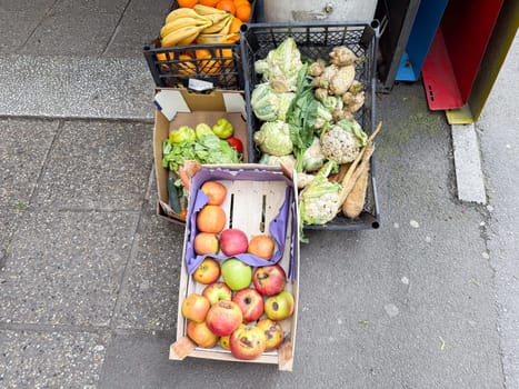 Pile of rotting kitchen fruits and vegetable scraps. Garbage waste for recycling as an environmentally responsible compost that enriches soil in a garden