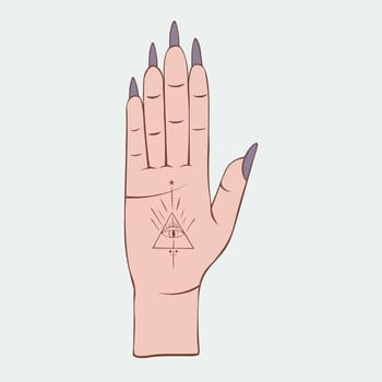 Hand-drawn vector illustration of a hand with an esoteric symbol of the eye on the palm of the hand