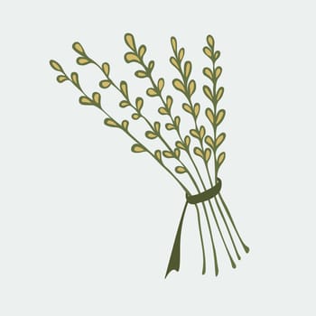 Vector illustration of a hand-drawn bundle of herbs tied with a rope.