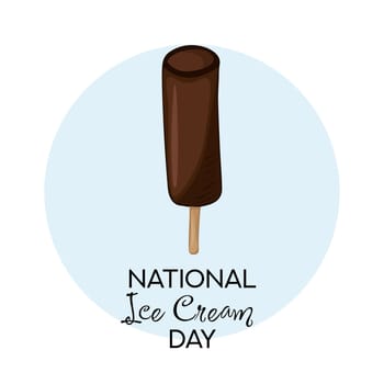 Happy National Ice Cream Day card. Vector illustration of hand-drawn chocolate ice cream on a stick