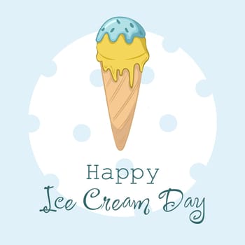Happy National Ice Cream Day card. Hand-drawn Waffle cone of banana ice cream covered with glaze