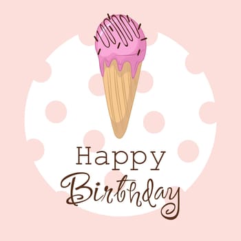 A hand-drawn, windy illustration of fruit ice cream in a waffle cone. Happy BirthDay greeting card