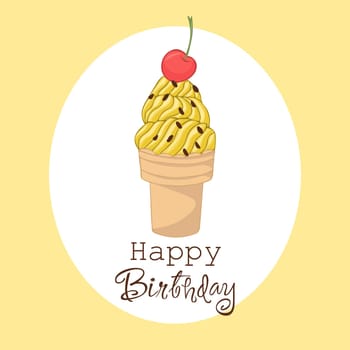 A hand-drawn, windy illustration of fruit ice cream in a waffle cone. Happy BirthDay greeting card