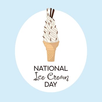 Happy National Ice Cream Day card. Hand-drawn ice cream cone with waffle and chocolate chips