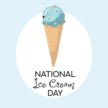 A hand-drawn, windy illustration of fruit ice cream in a waffle cone. Happy National Ice Cream Day card