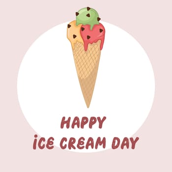 A hand-drawn, windy illustration of fruit ice cream in a waffle cone. Happy National Ice Cream Day card