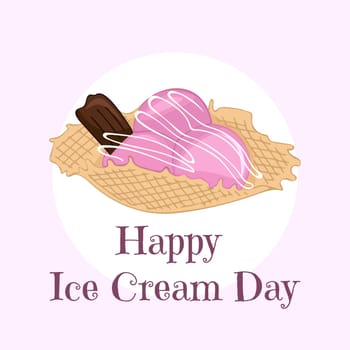 A hand-drawn, windy illustration of fruit ice cream in a waffle cone. Happy National Ice Cream Day card