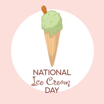 Happy National Ice Cream Day card. Hand-drawn vector illustration of ice cream in a cone with an amygdala on the top