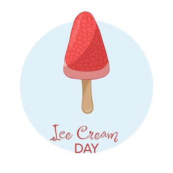 Happy National Ice Cream Day card. Hand-drawn vector illustration of fruit pomegranate ice cream on a stick