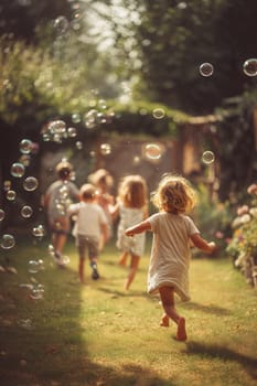 Group of happy children running barefoot through a sunny garden chasing colorful bubbles. Perfect for childhood memories, summer adventures, outdoor fun, and carefree family moments.