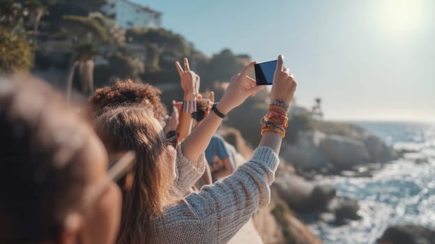 A group of cheerful friends taking photos and showing peace signs while standing on a sunlit ocean cliff. Ideal for summer vacation, youth lifestyle, adventure, and travel content