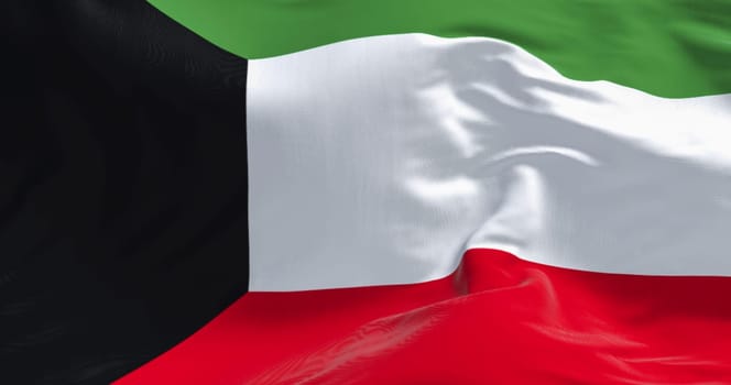 Close-up of Kuwait national flag waving in the wind. Horizontal bands of green, white, and red, with a black trapezoid on the left side. 3d illustration render. Rippling fabric