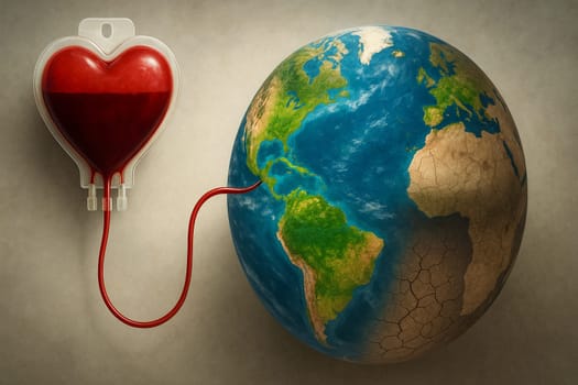 AI image of a heart-shaped blood bag donating to the earth, half vibrant and fertile, half dark and barren. Symbolizes life, hope, and global impact of blood donation.