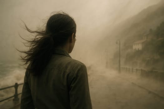 A woman stands facing stormy weather on a foggy coastal path, her hair blowing in the wind. Perfect for dramatic storytelling, emotional narratives, or environmental concepts