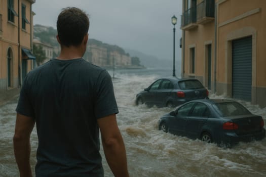 A man watches as powerful floodwaters submerge cars in a European-style city street. Perfect for projects about climate change, urban disaster response, or emotional storytelling