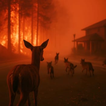 A deer and pack of coyotes run through a smoke-filled street as flames engulf nearby trees and homes. A striking image for wildlife emergencies, climate change awareness, and disaster themes
