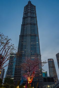 Shanghai, China – 1 April 2025: Vertical night shot of Jin Mao Tower glowing against dark sky, surrounded by sakura blossoms and illuminated butterfly installations