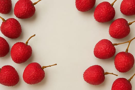AI generated vibrant image of ruby-red lychees arranged in circular formation with glistening water droplets, showcasing their textured pink-red shells and fresh stems against clean white background
