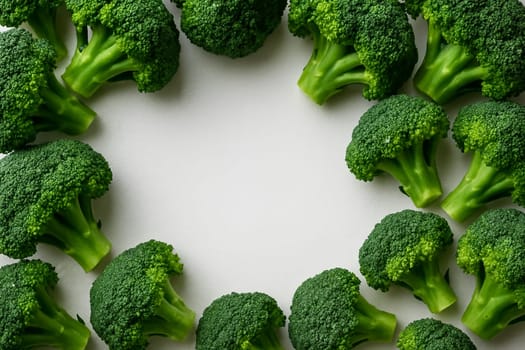 AI generated vibrant image of crisp broccoli florets arranged in circular formation, showcasing their fresh-picked quality and deep green color against clean white background