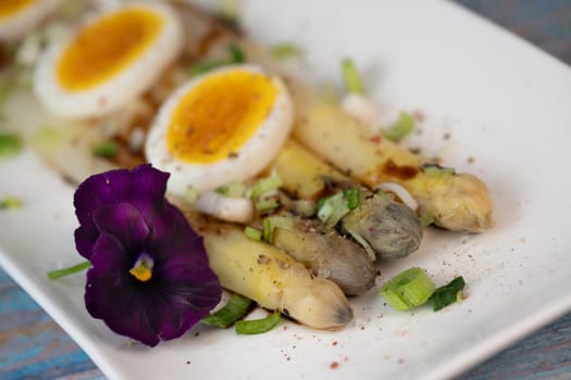 Baked asparagus with boiled egg in big white plate on blue background. High quality photo