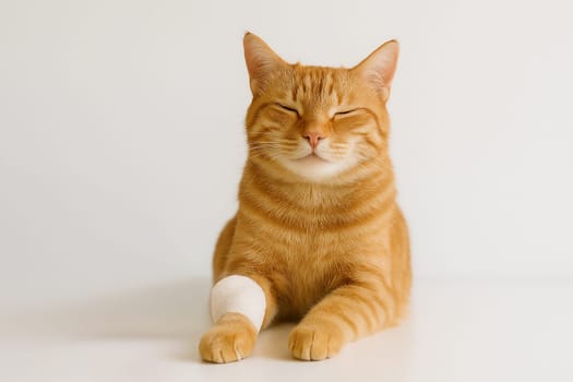 AI generated happy ginger tabby cat with front leg bandage symbolizing loving feline care and injury recovery concept white background veterinary treatment and pet first aid