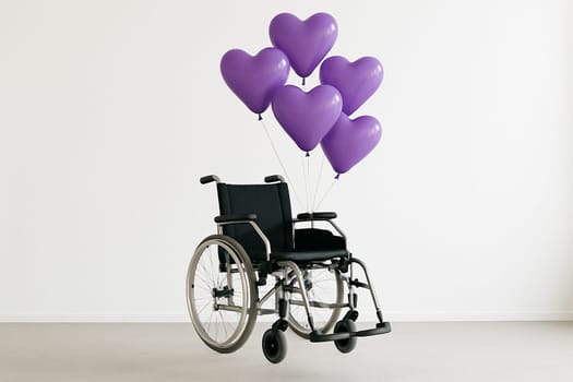 AI generated wheelchair gently elevated by multiple purple heart-shaped balloons symbolizing love and support for disability empowerment white background inclusive care concept