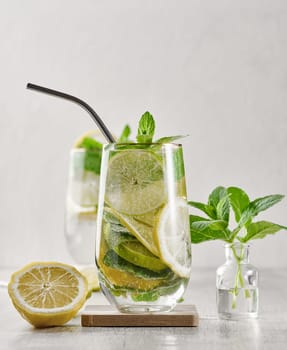 Summer drink with lime and mint. Cold drink, non-alcoholic mojito or lemonade, garnished with fresh mint sprigs and citrus slices. 