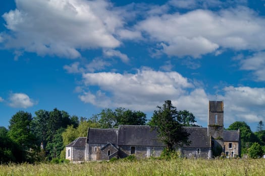 A church with a steeple sits in a field with a blue sky above. The church is surrounded by trees and the grass is tall