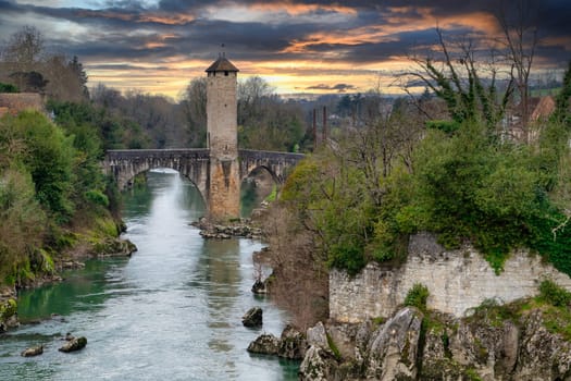 view of Pont Vieux, bridge in Orthez, New Aquitaine, Departement Pyrenees Atlantiques, France